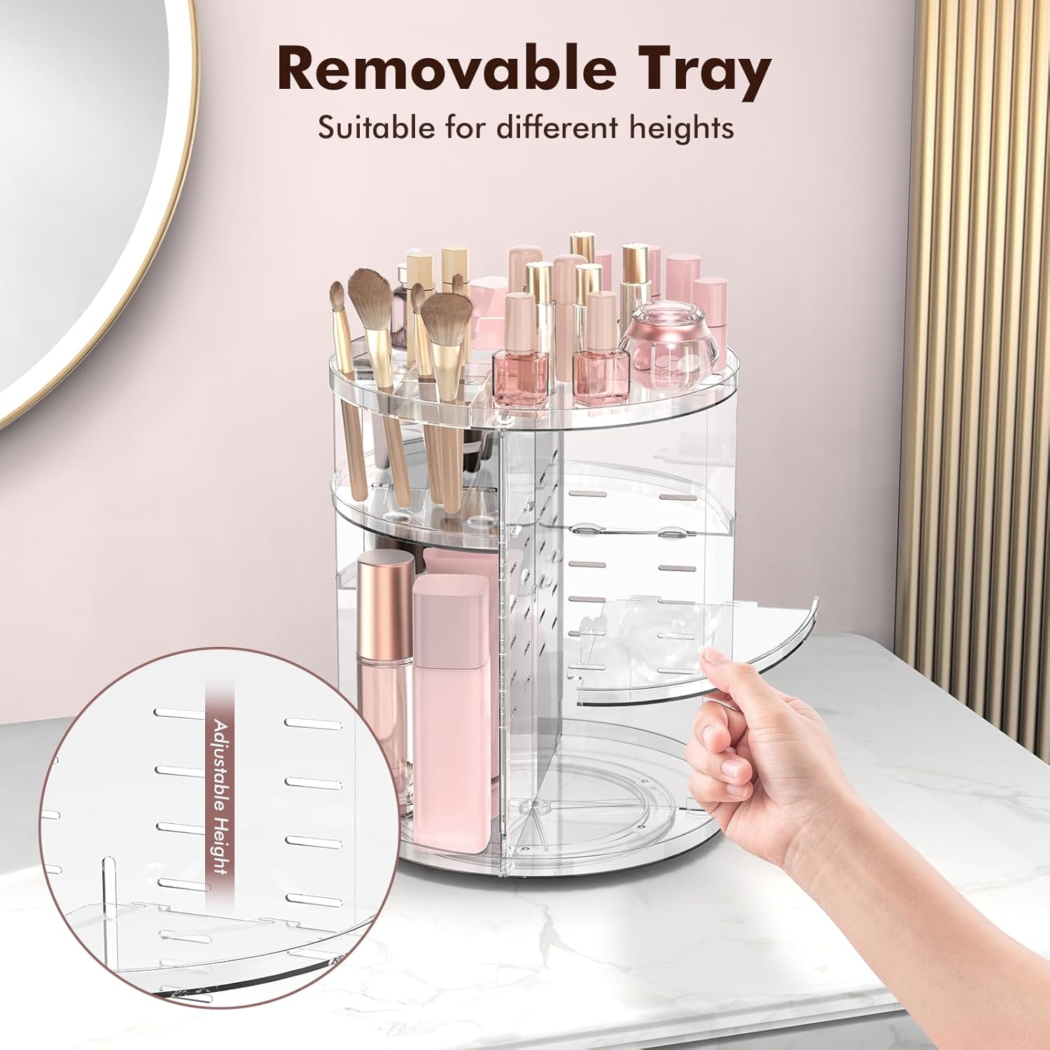Rotating Makeup Organizer, Adjustable Vanity Organizer, Large Capacity Cosmetic Display Case for Spinning, Storage Carousel for Bathroom and Vanity Countertop, Clear